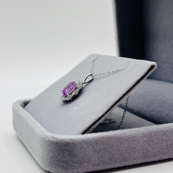 1.25 CT Oval Cut Pink Sapphire and .30 CT Diamond Necklace 925 Sterling Silver - Picture 5 of 7